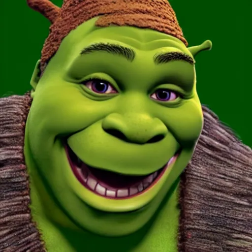 Image similar to shrek with red eyes, head shot