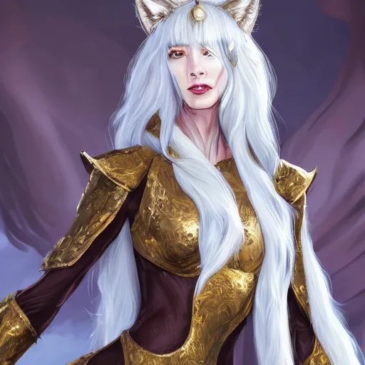 Prompt: commissioned full body portrait of a female anthro furry wolf princess fursona with white hair wearing a white and gold armored dress in a white and gold palace, by Wlop and jerry park, artstation, extremely detailed