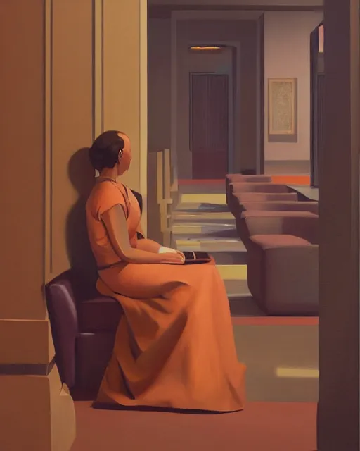 Prompt: woman sitting in the lobby of a hotel painter by George Tooker volumetric lighting, back lighting, rimlight, dramatic lighting, digital painting, highly detailed, artstation, sharp focus, illustration, Artgerm, Jean-Léon Gérôme , ruan jia