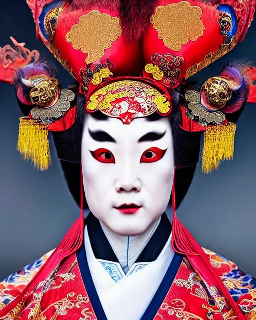 Image similar to photo of a Dramatic Peking Opera male character wearing elaborate makeup and full chinede opera costume in the style of stefan kostic, realistic, sharp focus, symmetric, 8k high definition, insanely detailed, intricate, elegant, art by stanley lau and artgerm, William-Adolphe Bouguereau