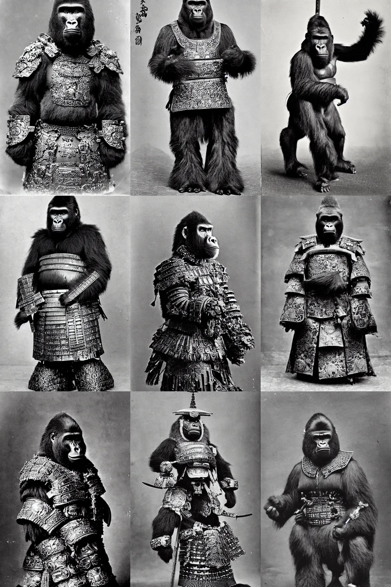 Prompt: “gorilla in full ornate samurai armour, 1900’s photo”