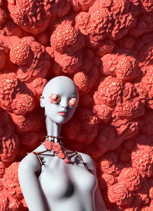 Image similar to biomechanical mannequin carrying perfume enchanted coral kingdom made of corals, daisies, roses in an ivory room well contoured smooth fair walls, up close shot, sharp focus, global illumination, radiant light, alexandre ferra white mecha, irakli nadar, octane highly render, 4 k, ultra hd,