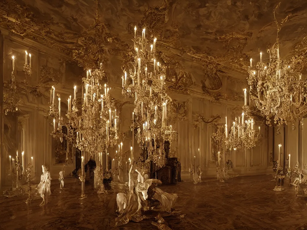 Image similar to Solemn Ghosts Appear in an Opulent French Baroque Ballroom, Hyperrealism, dramatic lighting, spooky, atmospheric