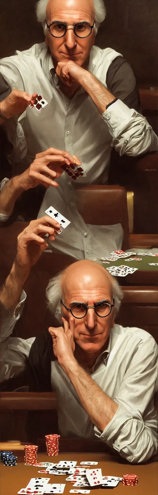 Image similar to portrait of larry david playing poker, photorealistic, highly detailed, artstation, smooth, sharp focus, art by michael whelan, artgerm, greg rutkowski and alphonse mucha