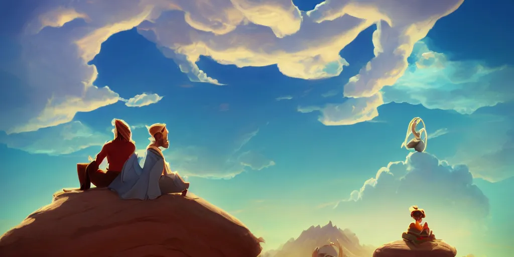 Image similar to conceptual art of a beautiful couple sitting on a cloud, mattepainting concept Blizzard pixar maya engine on stylized background global illumination lighting artstation in the style of The Road to El Dorado