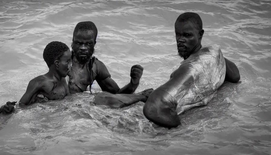 Image similar to movie still by djibril diop mambety of a man in a barque made of flesh on a blood river, leica sl 2, heavy grain, high quality, high detail, color