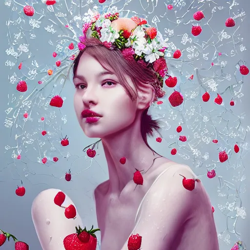 Prompt: the professional photoshoot of an absurdly beautiful, graceful, elegant, sophisticated, fashionable young woman made of strawberries and white petals, an ultrafine hyperdetailed illustration by kim jung gi, irakli nadar, intricate linework, bright colors, octopath traveler, final fantasy, unreal engine 5 highly rendered, global illumination, radiant light, detailed and intricate environment