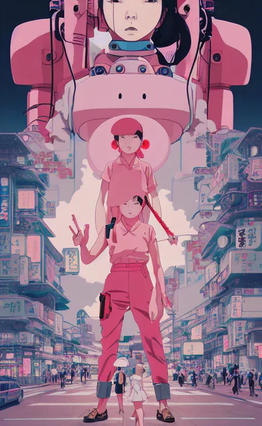 Prompt: Artwork by James Jean, Phil noto and hiyao Miyazaki; a young Japanese future samurai police girl named Yoshimi battles an enormous looming evil natured carnivorous pink robot on the streets of Tokyo; Japanese shops and neon signage; crowds of people running; Art work by studio ghibli, Phil noto and James Jean