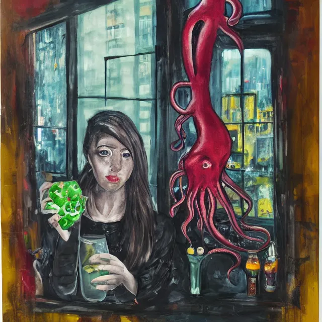 Image similar to a portrait in a dark apartment, city through a window, a female art student holding an octopus, milk puddles, berries, broken bottles, metaphysical, neo - expressionism, surrealism, acrylic and spray paint and oilstick on canvas