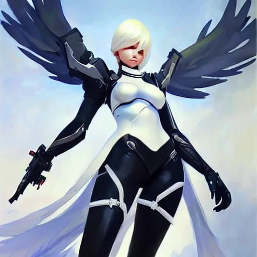 Prompt: greg manchess painting of a 2 yorha type a no. 2 as mercy from overwatch!! in a wartorn environment, white long hair, large white wings, organic painting, trending on artstation, by huang guangjian and gil elvgren and sachin teng