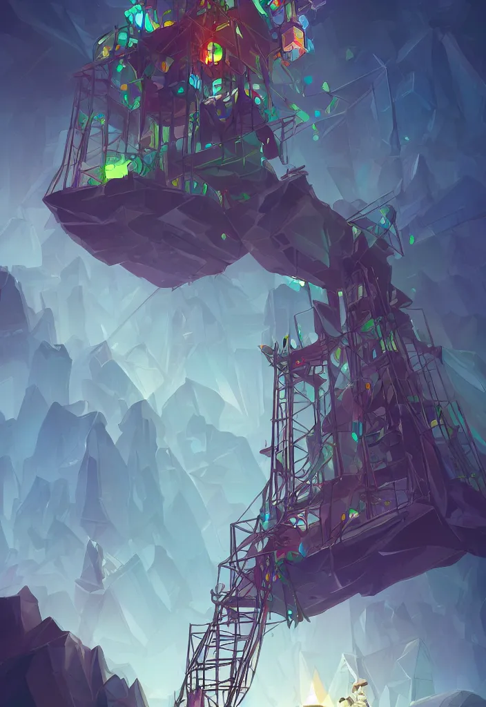 Prompt: android crossing a rickety rope bridge looking up at a tower of crystal and gemstone, digital art, artstation, dramatic lighting, forced perspective, vibrant and stylized