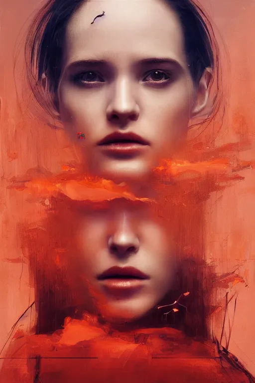 Prompt: 3 d, sci - fi, morning, fashion model face, sun, cinematic, face 3 / 4, lightning, clouds, vogue cover style, stanley kubrick, light red and orange mood, realistic painting, intricate oil painting, high detail, figurative art, multiple exposure, poster art, 3 d, by tooth wu and wlop and beeple and greg rutkowski