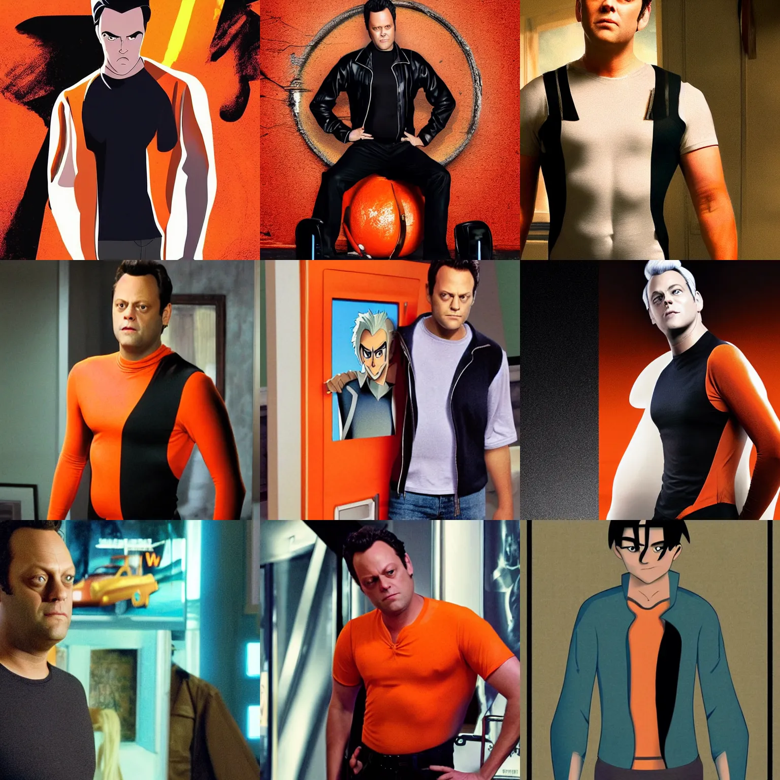 Prompt: a cinematic poster of vince vaughn as jack fenton from the live - action netflix series'danny phantom'; loose - fitting orange bodysuit with black neck ; digital photograph