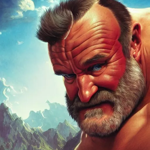 Image similar to robin williams as zangief from street fighter, flexing, ultra realistic, concept art, intricate details, eerie, highly detailed, photorealistic, octane render, 8 k, unreal engine. art by artgerm and greg rutkowski and magali villeneuve and alphonse mucha