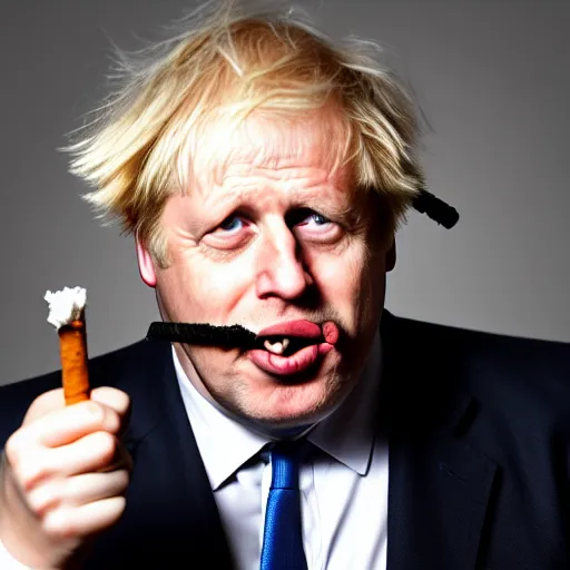 Image similar to medium shot photo of Boris Johnson with a joint in his mouth with smoke coming out, 4k, ultra HD