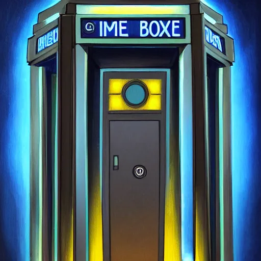 Image similar to view of modern futuristic tardis, time travel, detailed luminescent oil painting 4 k