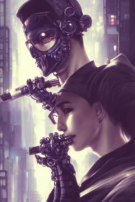 Image similar to ultrarealistic illustration cyberpunk cyberninja smoking a cigarette, cyberpunk, highly detailed, intricate, elegant, digital pencil painting, anime, cartoonish, sharp focus, character centred, illustration, art by artgerm and greg rutkowski and alphonse mucha,