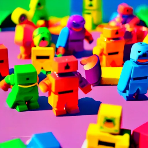 Image similar to 35mm photo of happy roblox figures, bright and fun colors