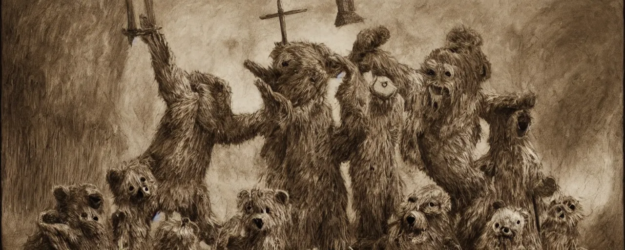 Image similar to teddy bear performance of macbeth, from the terrifying and incomprehensible beyond, body horror, by gerard brom, zdzisław beksinski and ansel adams