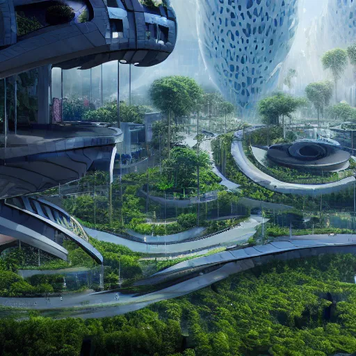 Image similar to a futuristic eco city utopia, plants, buildings, vegetation, ambient, nature, landscape, nature, technology, trending on artstation, deviantart, octane render, unreal engine, high detail, high definiton, ultra realistic, hyper realistic, 4 k, hd