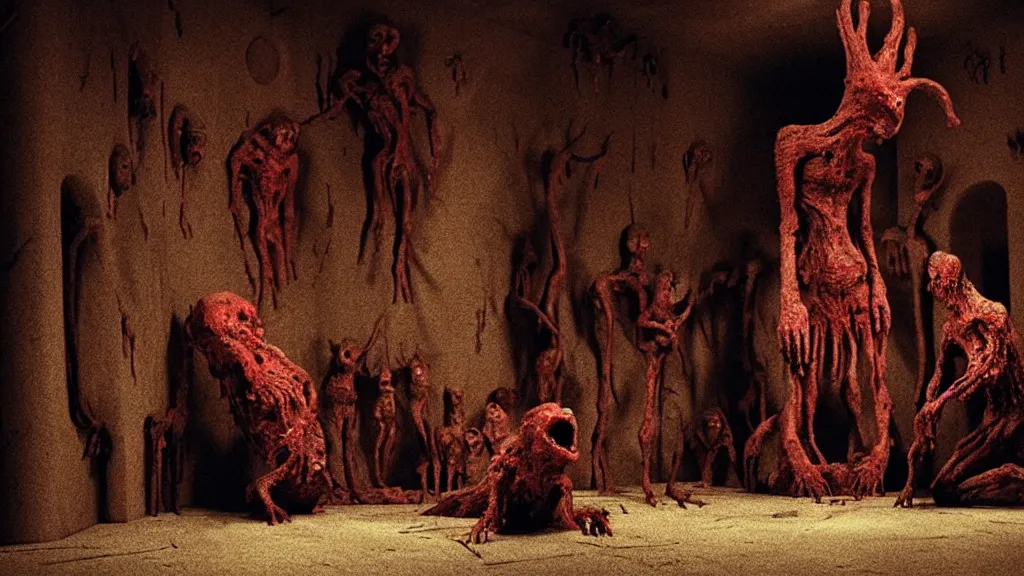 Image similar to the creature in the basement, made of ceramic and blood, surrounded by animals, film still from the movie directed by denis villeneuve and david cronenberg with art direction by salvador dali and zdzisław beksinski, wide lens