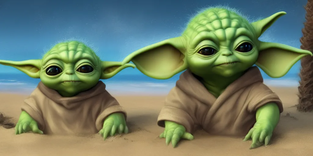 Image similar to Baby Yoda chillin on a beach, waves coming up onto the shore, palm trees swaying in the wind, hyperdetailed, artstation, cgsociety, 8k