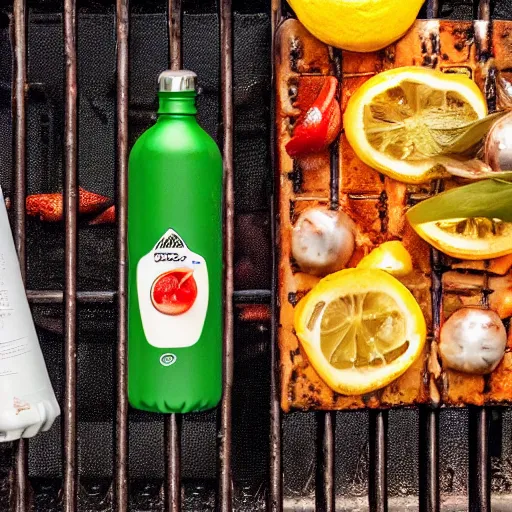Image similar to a water bottle on a grill, professional food photography