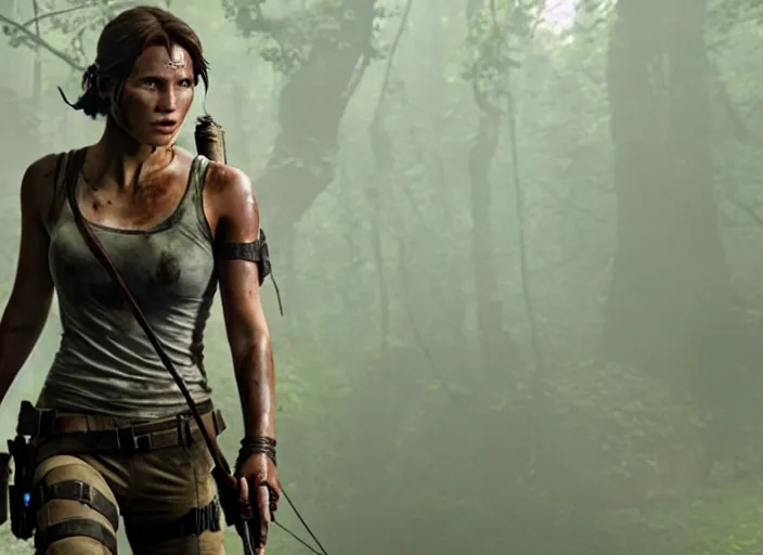 Image similar to film still of!!!! daisy edgar jones!!! as lara croft in new tomb raider movie, 8 k