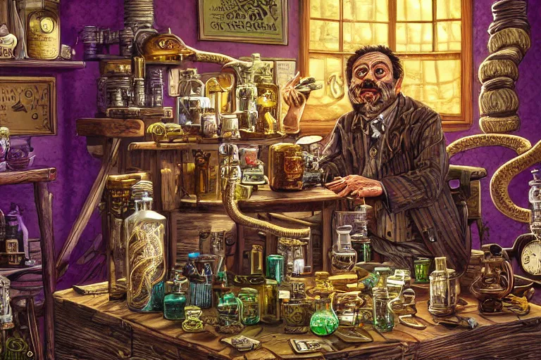 Prompt: Uncle Aloysius, snake oil salesman, wild west crypto pharmaceutical industrialist apothecary alchemist tinkerer engineer, cute, fantasy, intricate, elegant, highly detailed, digital painting, 4k, HDR, concept art, smooth, sharp focus, illustration, purple green color scheme, art by Ed Roth and H R Giger