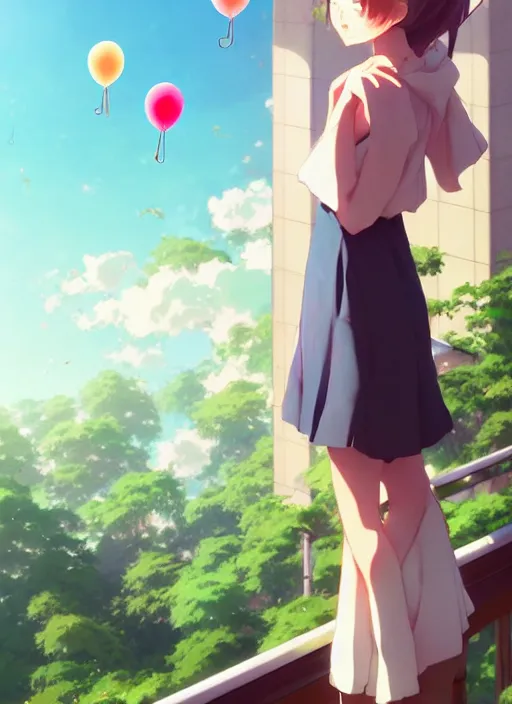 Prompt: girl stand on the a balcony where plants and flowers all around, she is watching a lot of balloons flying over, illustration concept art anime key visual trending pixiv fanbox by wlop and greg rutkowski and makoto shinkai and studio ghibli