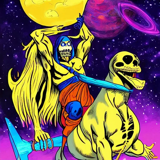 Image similar to skeletor riding a giant black cat in outer space