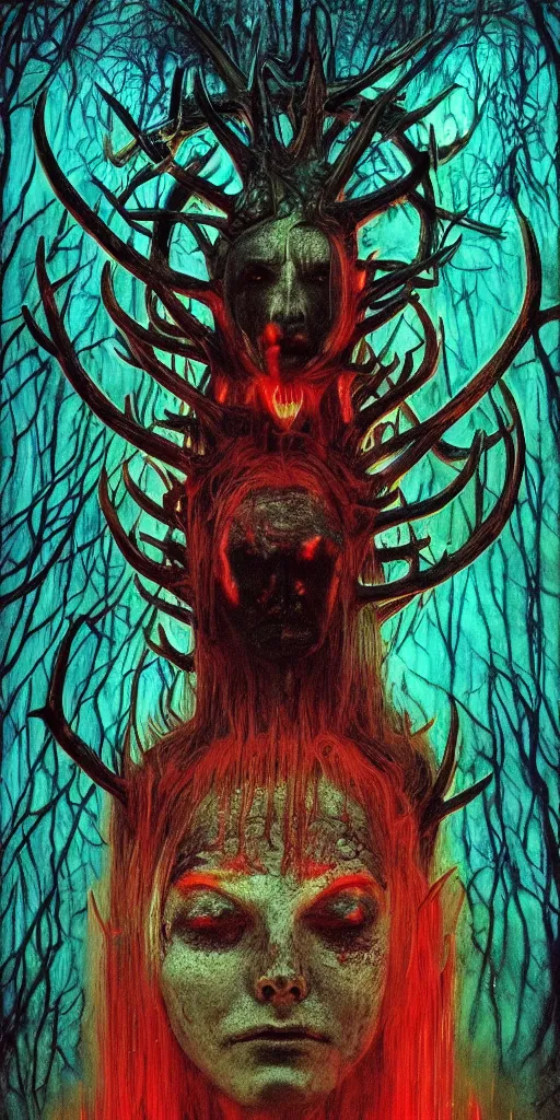 Image similar to intense glowing black metal pagan god with antlers and veins and intense glowing eyes in very dark forest by h r giger and beksinski and alphonse mucha, portrait, fantasy, clear, red and teal and yellow, light beams, lens flare, intense, uhd, amazing depth, cinematic lighting