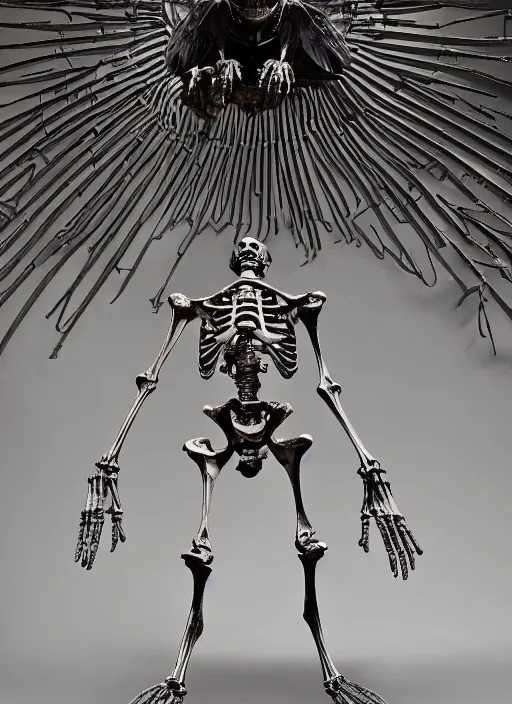 Image similar to the epic view of a human skeleton flying in a vulture skeleton sculpture in stainless steel by bernini, volummetric light