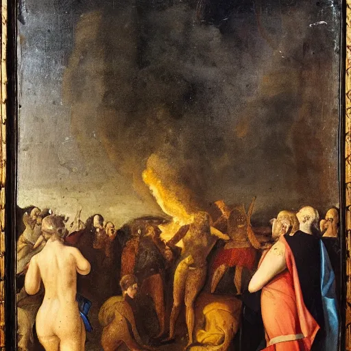 Prompt: 1 8 th painting of a giovanna d'arco burned at the stake