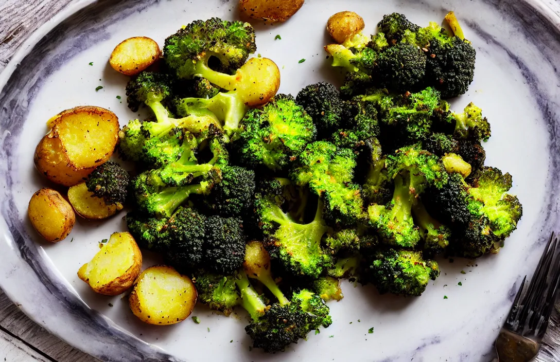 Prompt: deep fried broccoli, side of potatoes, food photography, award winning, michelin star restaurant