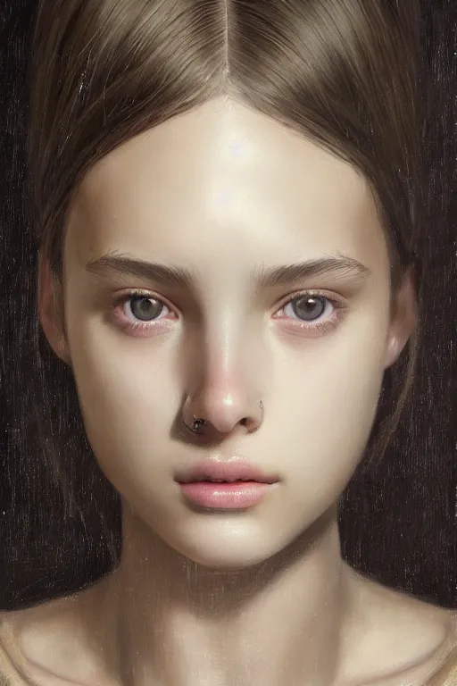 Prompt: a photorealistically painted portrait of an attractive young girl, partially clothed in dull metal-plated battle armor, olive skin, long dark hair, beautiful bone structure, symmetric facial features, perfect eyes, natural physique, intricate, elegant, digital painting, concept art, finely detailed, illustration, sharp focus, minimal artifacts, from Metal Gear, by Ruan Jia and Mandy Jurgens and Artgerm and William-Adolphe Bouguerea, in the style of Greg Rutkowski, trending on Artstation, award winning