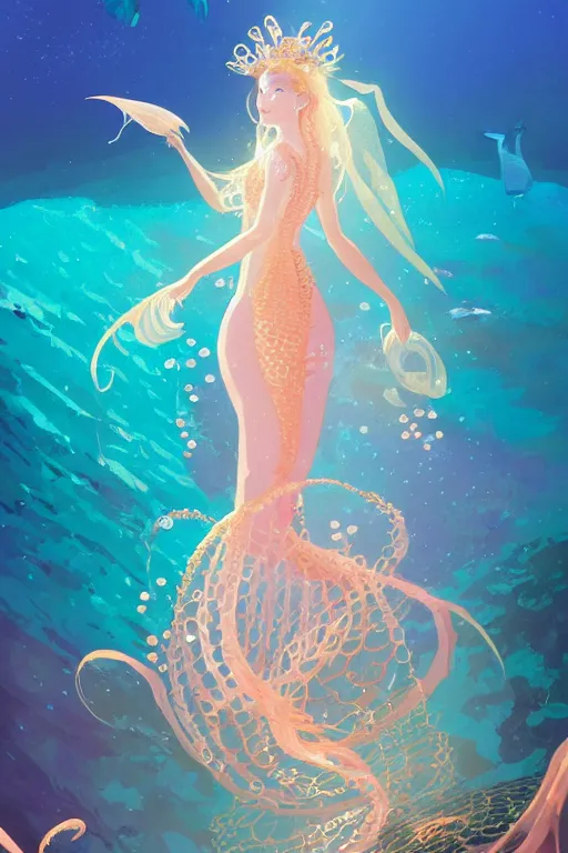 Prompt: a beautiful mermaid queen of the ocean in the middle of coral reefs, pearl and gold and crystal jewelry, complex and shiny dress inspired by jellyfish, by ross tran and atey ghailan, by greg rutkowski, by greg tocchini, by james gilleard, by joe fenton, by kaethe butcher, dynamic lighting, grunge aestheti