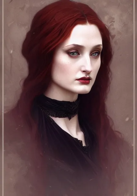 Image similar to sansa angeline jolie gessica chastain victorian vampire, intricate, elegant, highly detailed, digital painting, artstation, concept art, smooth, sharp focus, illustration, art by artgerm and greg rutkowski and alphonse mucha and william - adolphe bouguereau