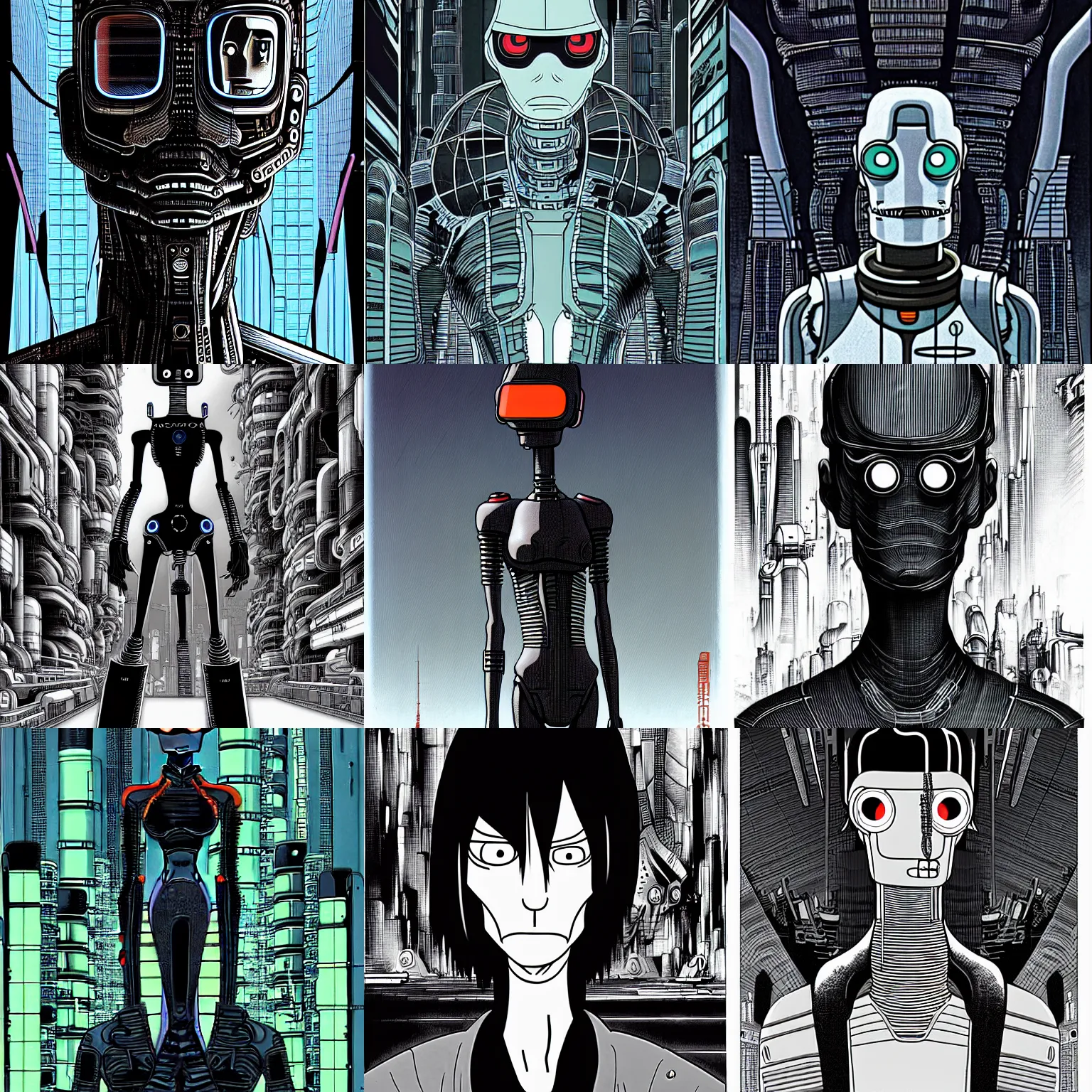 Image similar to portrait bender from futurama in futuristic city, by tsutomu nihei, by h. r. giger