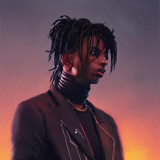 Image similar to cyberpunk, closeup portrait of a playboi carti, dramatic light, city background, sunset, dystopian setting, high contrast, sharp, neuromancer, henry dorsett case, painted by stanley lau, painted by greg rutkowski, painted by stanley artgerm, digital art, trending on artstation