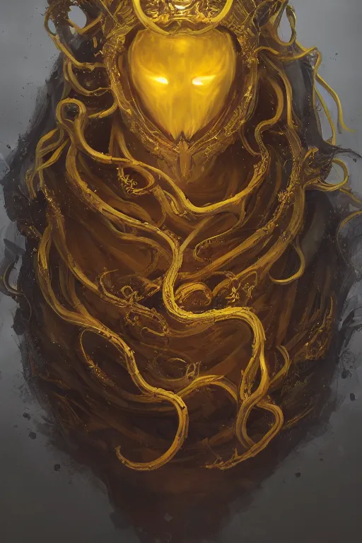 Image similar to A full body portrait of a mysterious character with no face with a very long hooded yellow cloak, a golden crown floating above his head tentacles coming out the ground art by Maciej Kuciara and Jason Chan, ominous, cosmic horror, trending on artstation, Ultra detailed, hyper realistic 4k