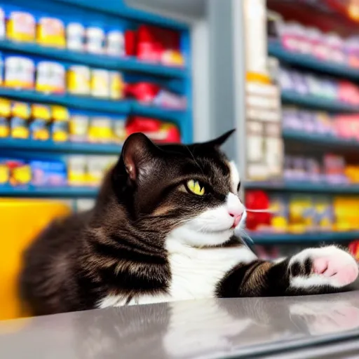 Image similar to Cat employee working in convenience store, high detail