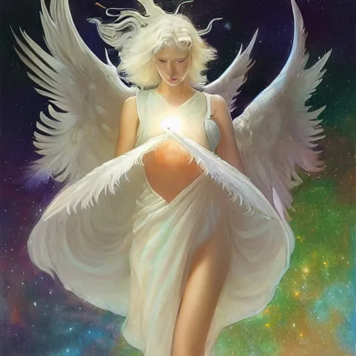 Image similar to harmony of white haired angel yoongi wearing greek clothes, muted colors, nebula background, neon sparkles everywhere, big wings, dynamic hair movement, + + + + dynamic pose, holographic space, glowing effect, j. c leyendecker, by alan lee, wlop! illustrated by starember, fantasy art by craig mullins