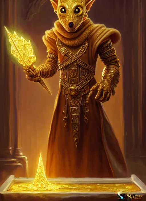 Image similar to a _ fantasy _ style _ portrait _ painting _ of a humanoid gold kobold male in wizard robes in a store selling things, oil _ painting _ unreal _ 5 _ daz. _ rpg _ portrait _ extremely _ detailed _ artgerm _ greg _ rutkowski _ greg