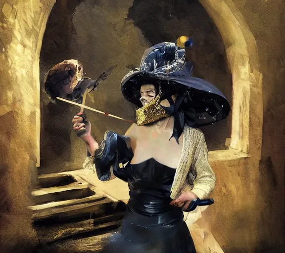 Image similar to craig mullins and ghibli digital art of on the stage of the theater, a masked female violinist performs alone, dressed in exotic costumes, gold jewelry, and black hair realistic shading, cinematic composition, realistic render, octane render, detailed textures, photorealistic, wide shot