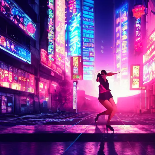 Prompt: city pop idol dancing in the apocalypse cyberpunk, accurate features, focus, very intricate ultrafine details, masterpiece, 8 k hd, realistic shaded lighting, detailed render, detailed backgrounds, epic composition, soft neon lights, rain