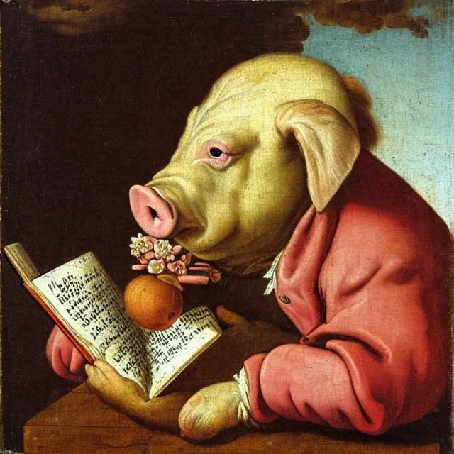 Image similar to baroque dutch painting from 1 6 7 0 of a pig reading a book