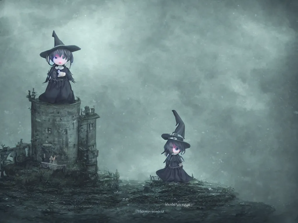 Image similar to cute fumo plush girl witch on a tiny island of concrete brutalist eldritch ruins surrounded by murky river water, dark cursed otherworldly chibi gothic horror wraith maiden, lost in the milky void, hazy heavy magical glowing swirling murky volumetric fog and smoke, moonglow, lens flare, vray