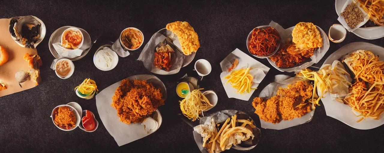 Prompt: soul food spread, depth of field, food photography, isometric, tasty, mcdonalds, wide shot, studio, bokeh, gmaster, cooking, food, kodak, sony, canon