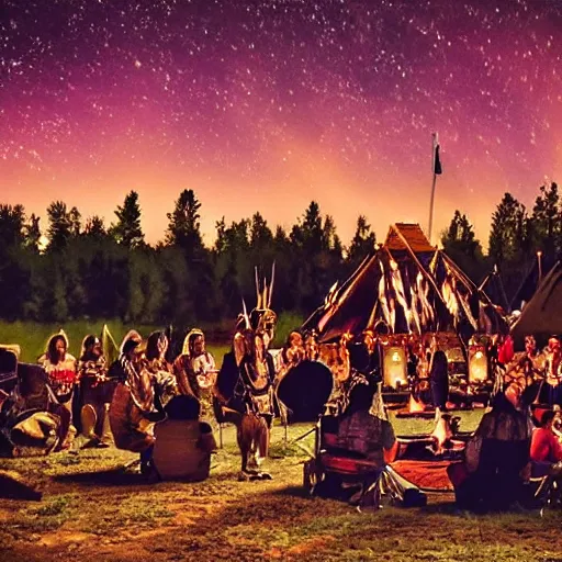 Image similar to native american indian pow wow at campfire under cosmic sky, epic award winning photographic still